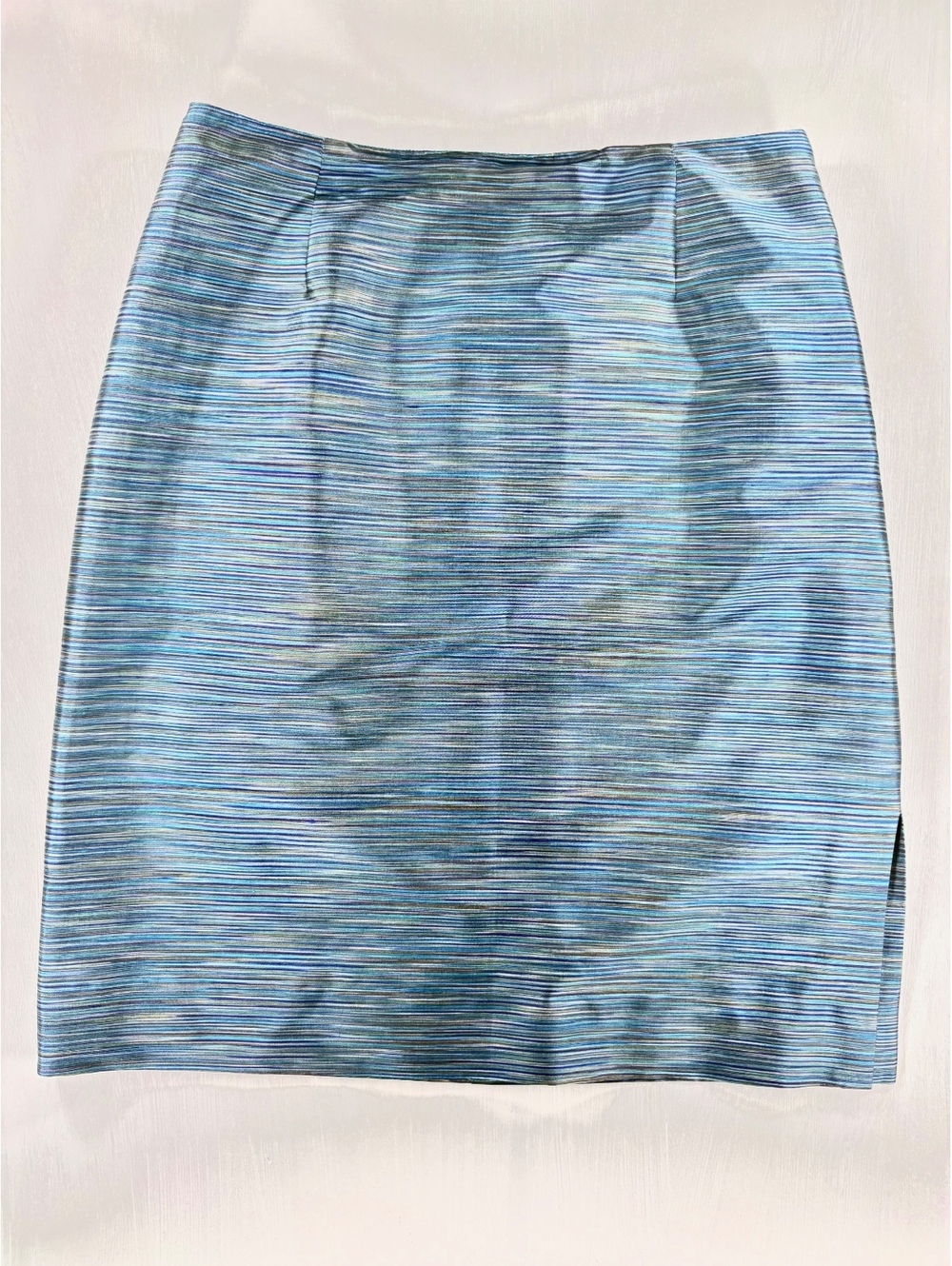 Dana Buchman 100% Silk Blue Metallic Striped Pencil Skirt Size 8 Petite